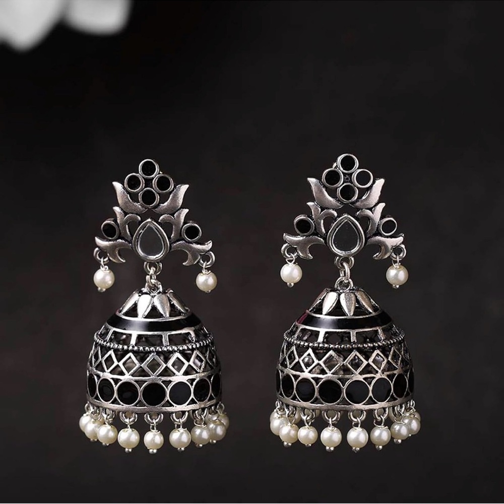 Trendy Jewels Silver and Black Jhumka Earrings - Picture 3 of 7
